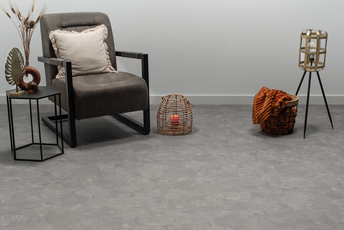 Floer Tegel Click PVC FLR-3801 Close-up van steenlook Betonlook Grijs PVC tegel click pvc met verfijnde afwerking