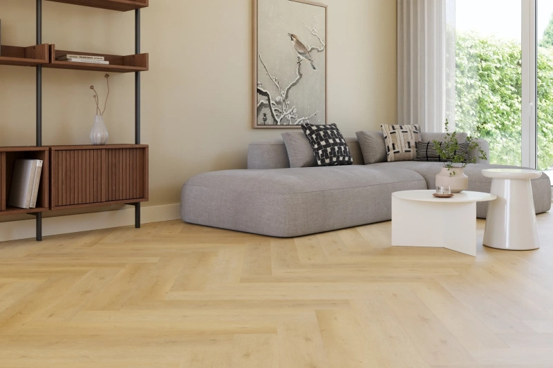 Castell Supreme 860 Herringbone XL 232 Detail van de structuur Caramel visgraat plak pvc met subtiele nerf warmteweerstand