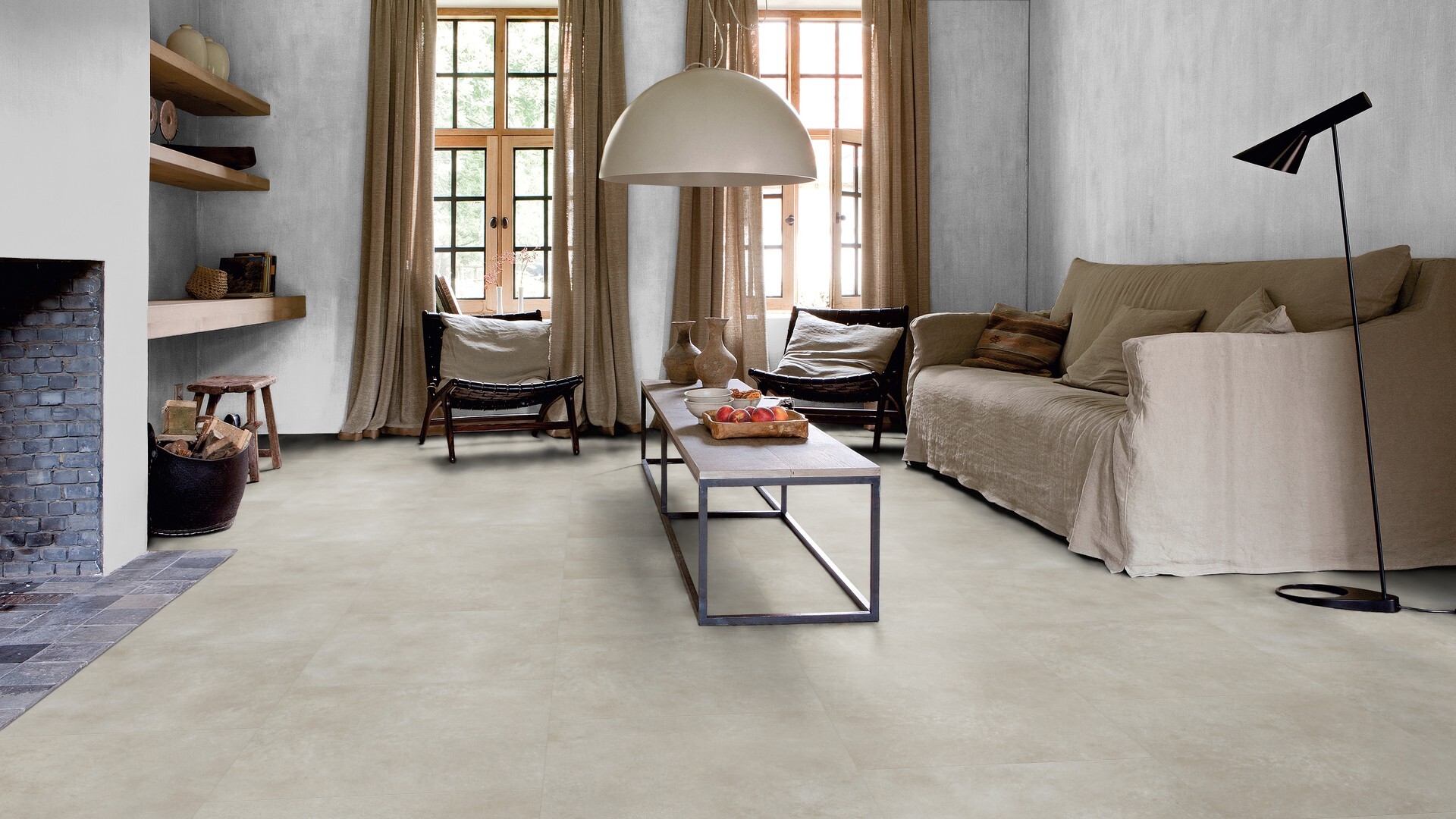 QuickStep Blush SGTC20308 Cement Warm Beige PVC tegel plak pvc in woonkamer sfeerfoto