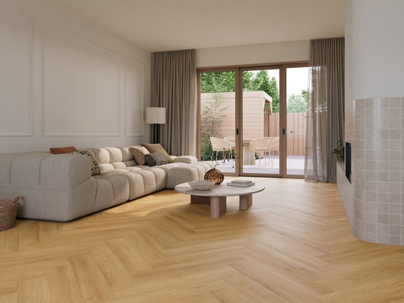 Ground Studio Select Oak Classic VC.20.60.1 visgraat click PVC gelegd in interieur met zicht op het visgraatpatroon