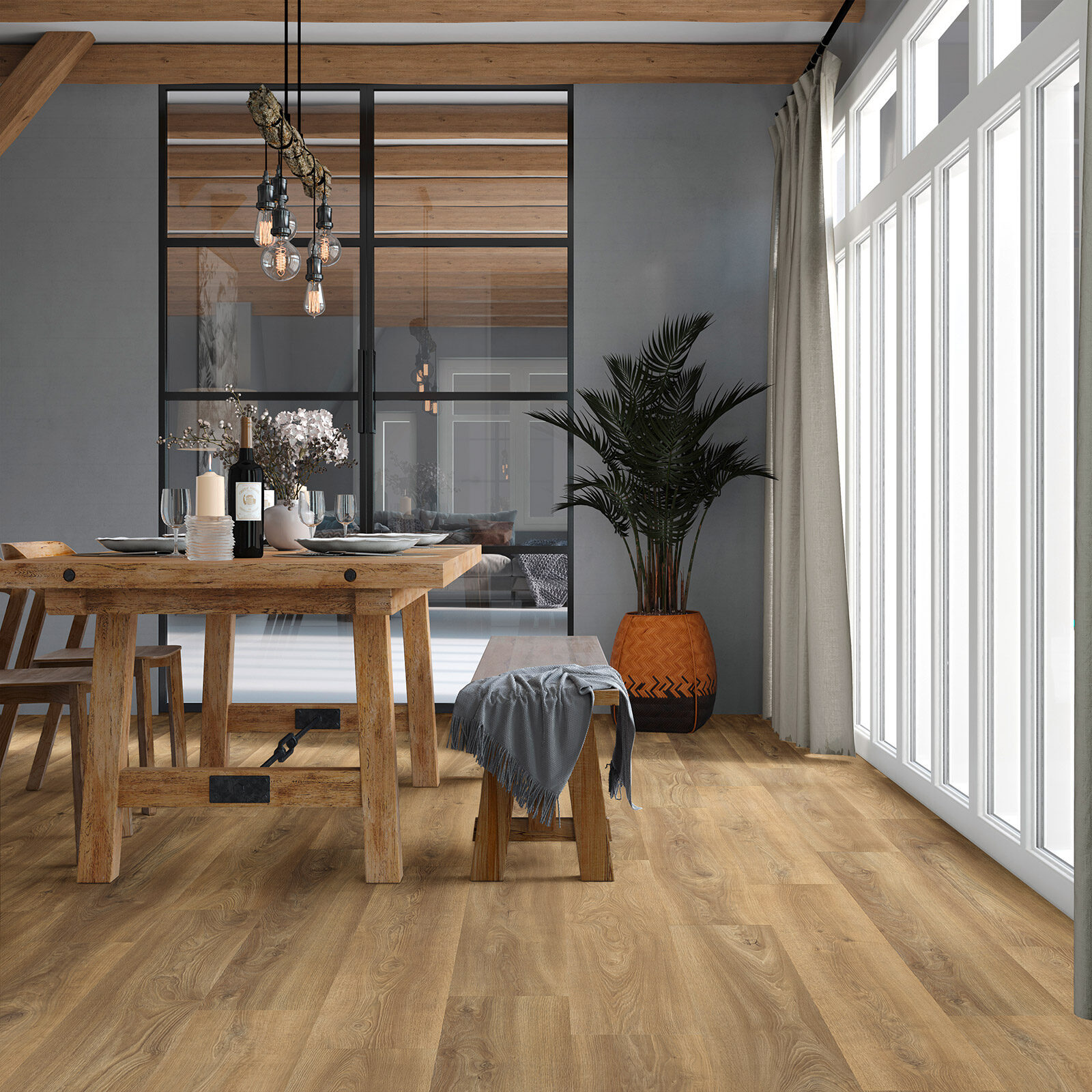 VivaFloors Sauerland 3530 click PVC plank gelegd in een sfeervolle eetkamer