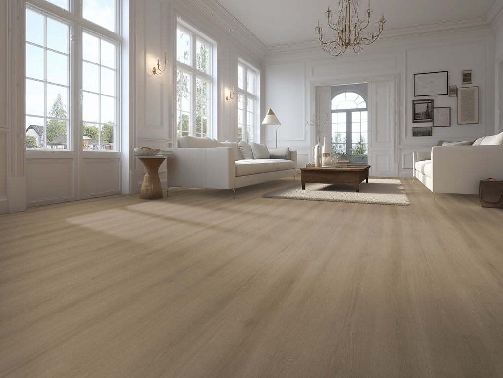 Belakos Puro 430 click PVC plank toegepast in een woonomgeving met verfijnde eiken uitstraling