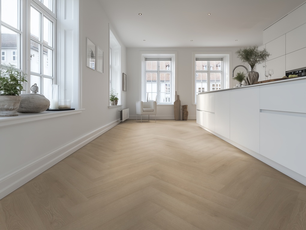 Belakos Puro Visgraat XL 46 click PVC in een sfeervolle woonruimte met natuurlijke uitstraling