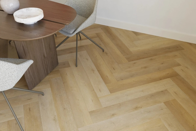 Castell Supreme 860 Coffee 233 walvisgraat PVC vloer met realistische houttekening en rustige uitstraling