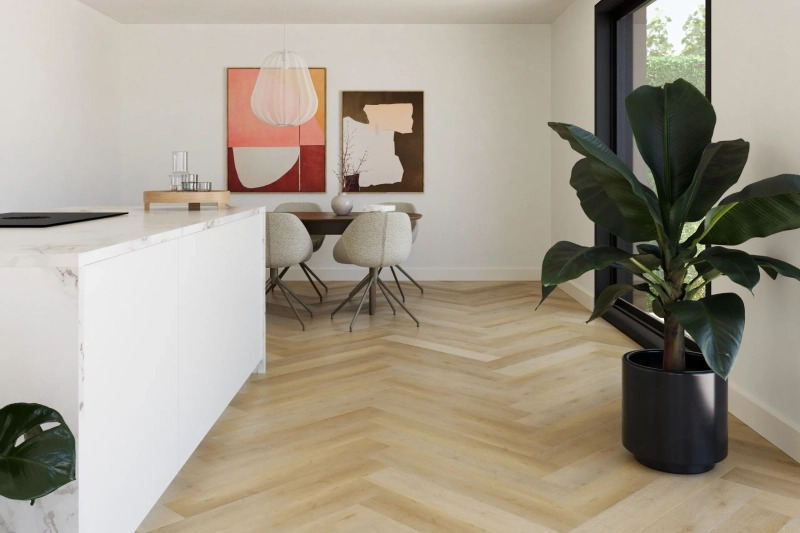 Castell Supreme 860 Herringbone XL 233 Close-up van houtdessin Coffee visgraat plak pvc met natuurlijke tekening