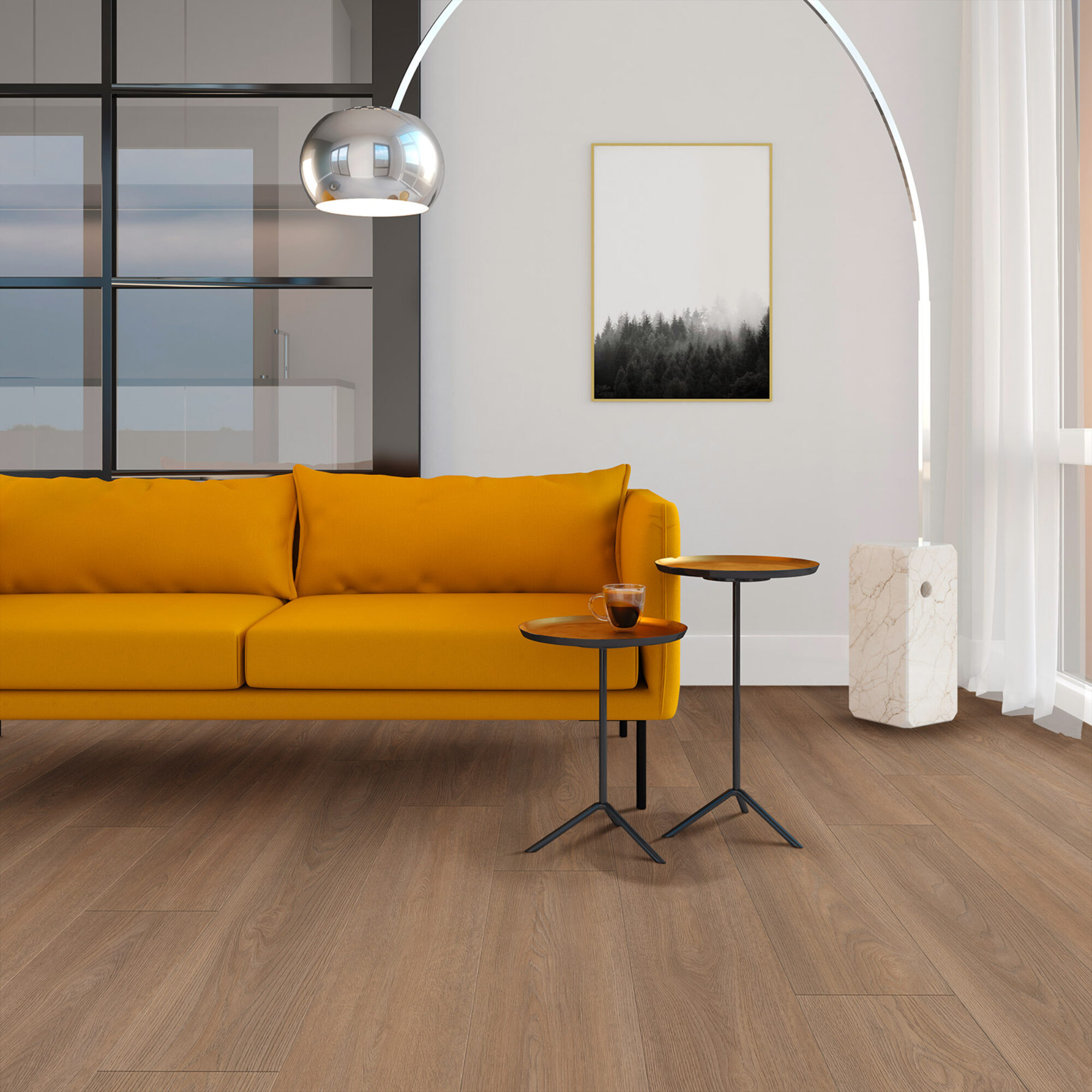 VivaFloors Bordeaux 8550 plak PVC plank gelegd in een warm ingericht interieur