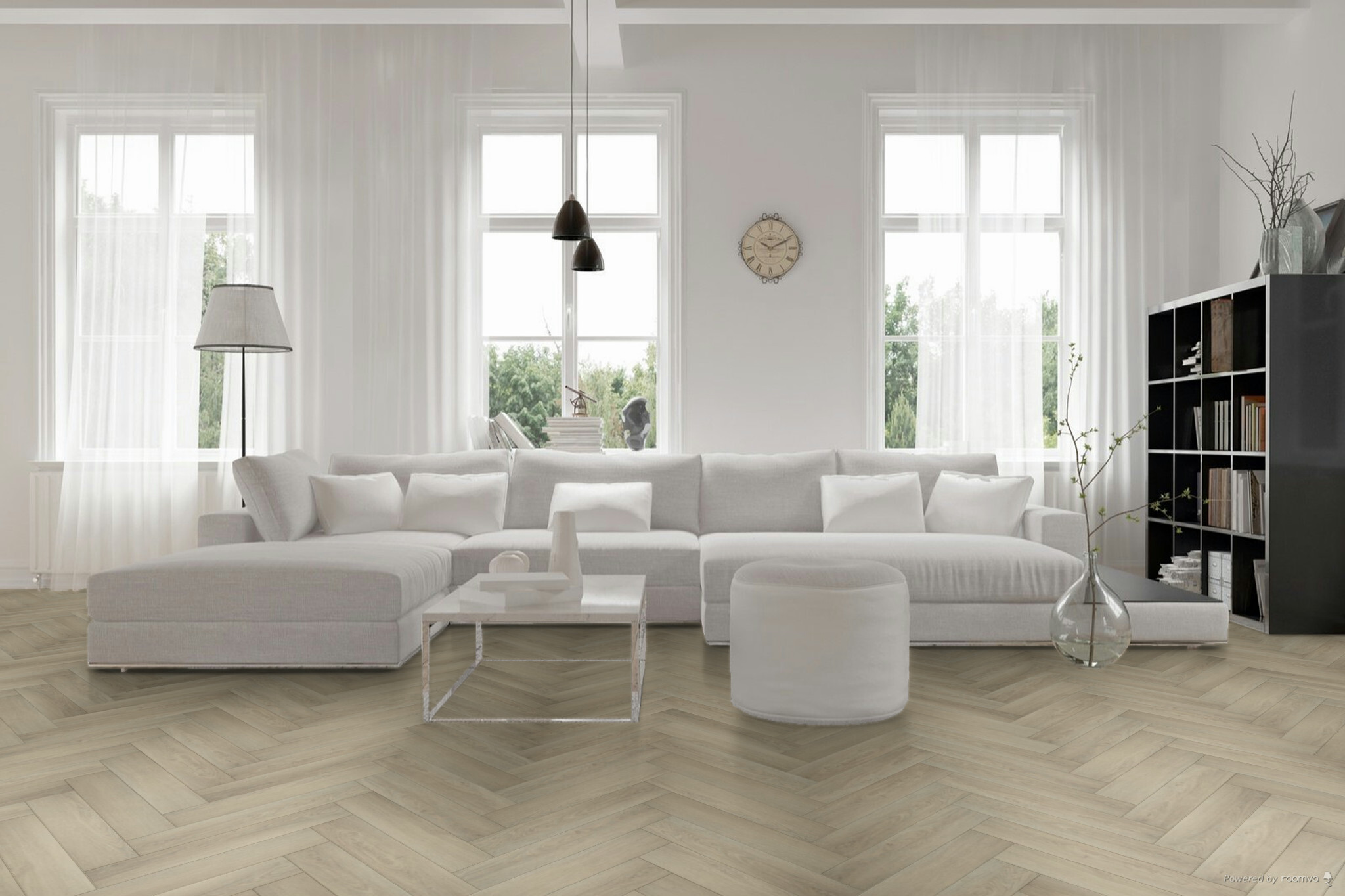 Hebeta Charente Visgraat 7760 Eiken Naturel visgraat plak pvc in woonkamer sfeerfoto