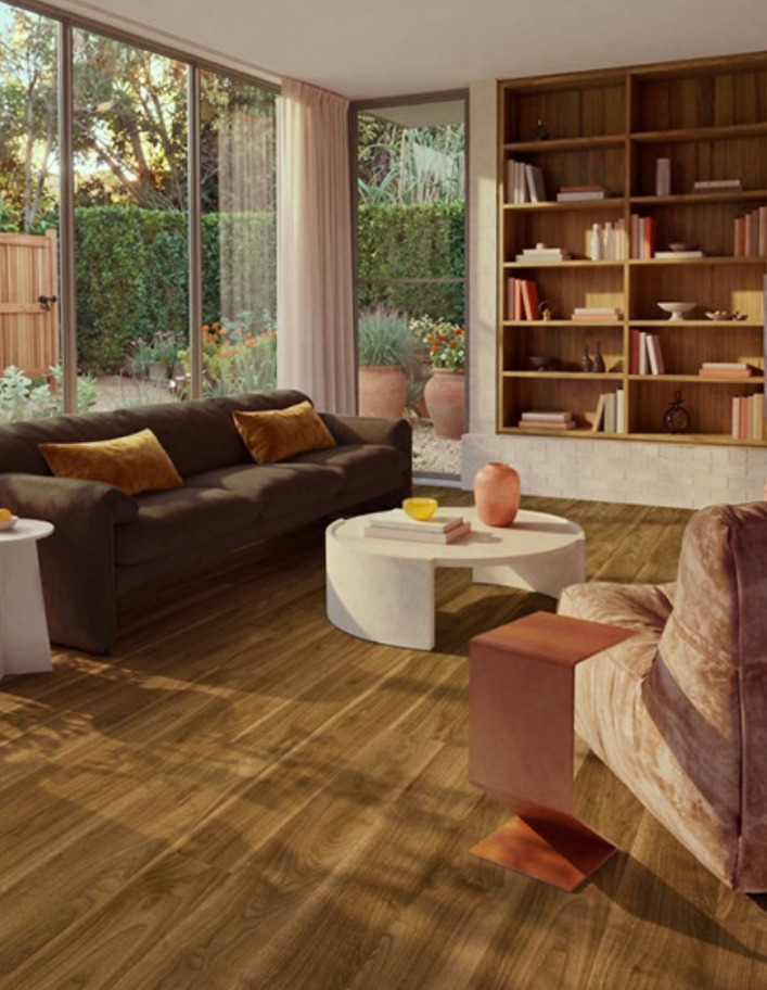 Moduleo Roots 20572 English Walnut PVC plank plak pvc in woonkamer sfeerfoto