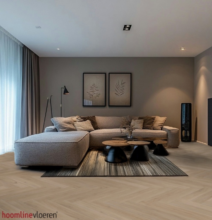 Hoomline Fusion Superior Visgraat Click 45209 Gotham Oak Oiled visgraat click pvc in woonkamer sfeerfoto