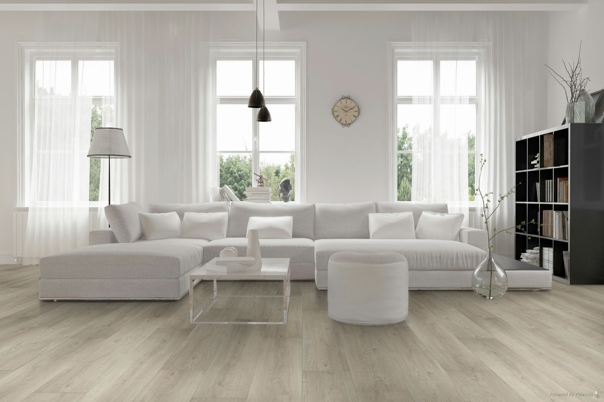sfeerfoto Grijs Eiken Robuust PVC plank plak pvc in woonkamer SKU 501329