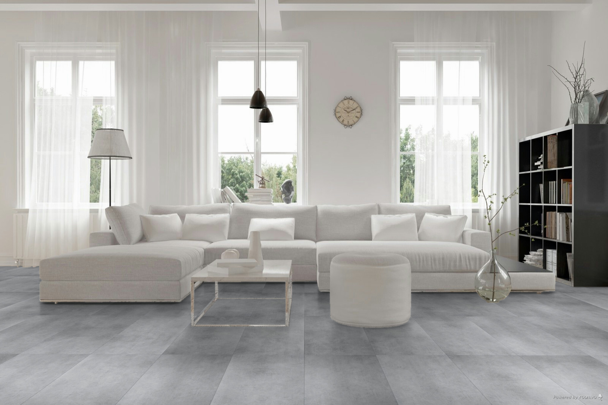 Hebeta Beton Design 1318 Grijs PVC tegel plak pvc in woonkamer sfeerfoto