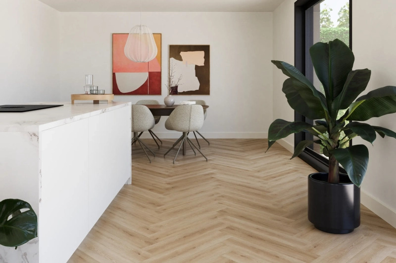Castell Supreme 812 Herringbone 252 Honey Brown visgraat plak pvc in woonkamer sfeerfoto