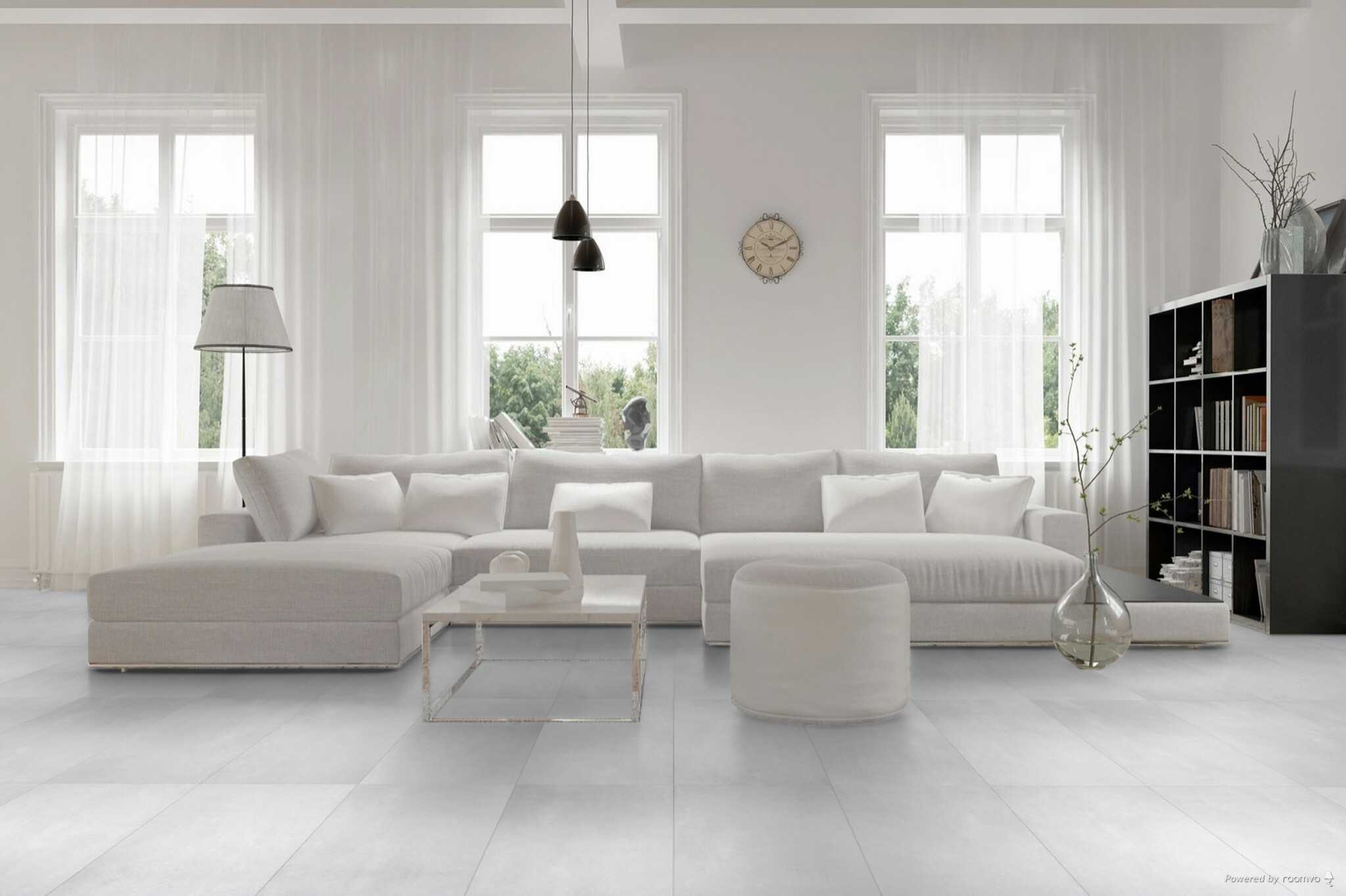 Hebeta Beton Design 2114 Lichtgrijs PVC tegel plak pvc in woonkamer sfeerfoto