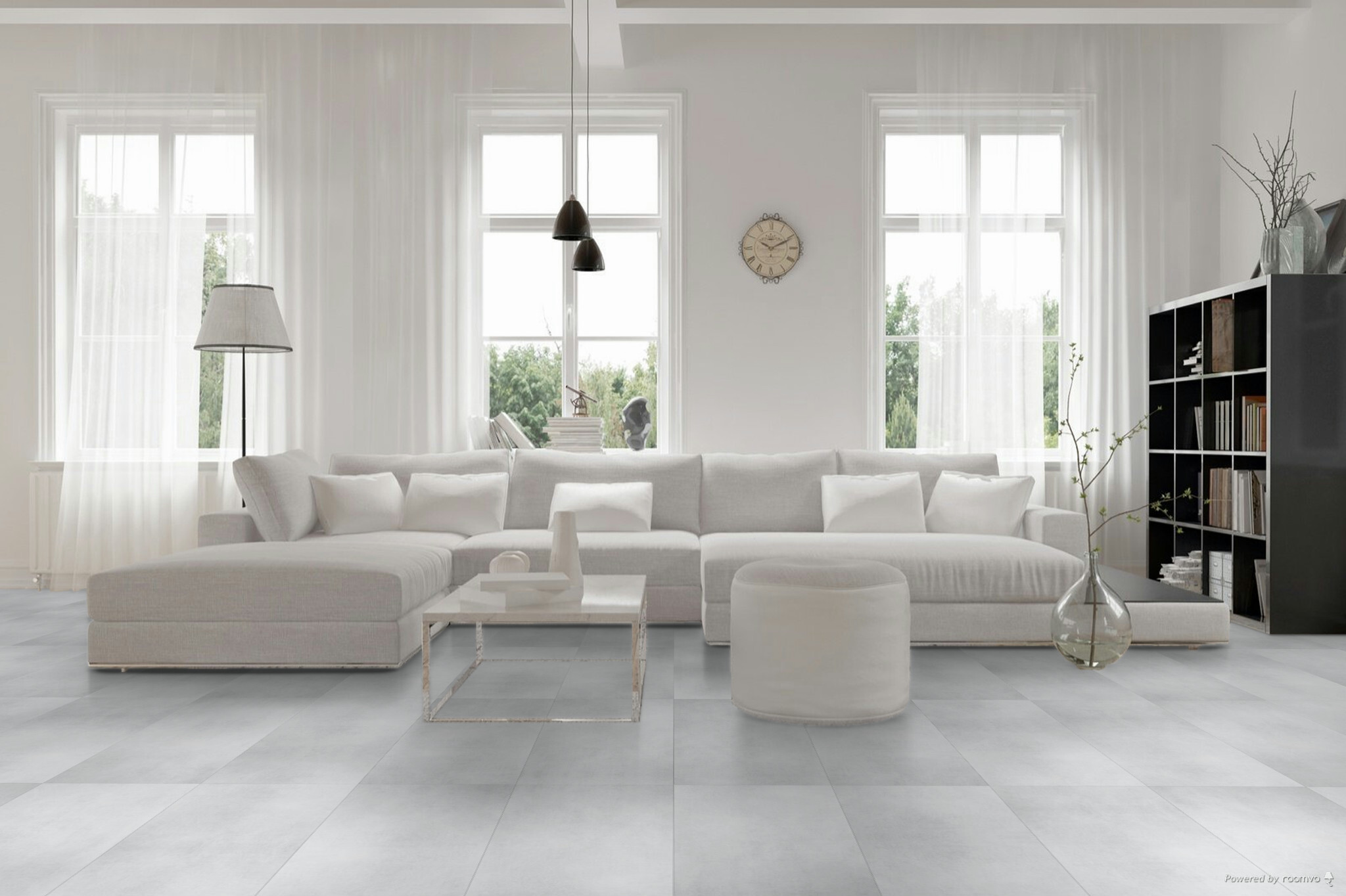 sfeerfoto Lichtgrijs PVC tegel (steenlook) plak pvc in woonkamer SKU 6136