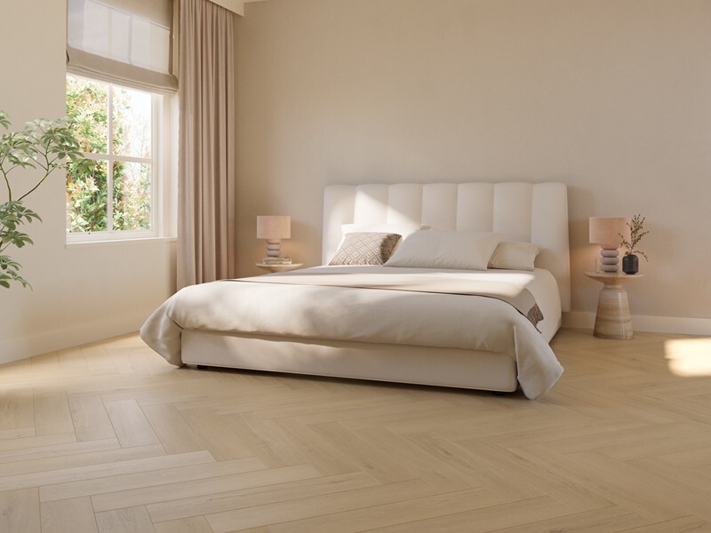 Ground Studio Pure Oak Light Smoked VC.20.50.2 visgraat click PVC close-up van houtnerf en visgraatpatroon
