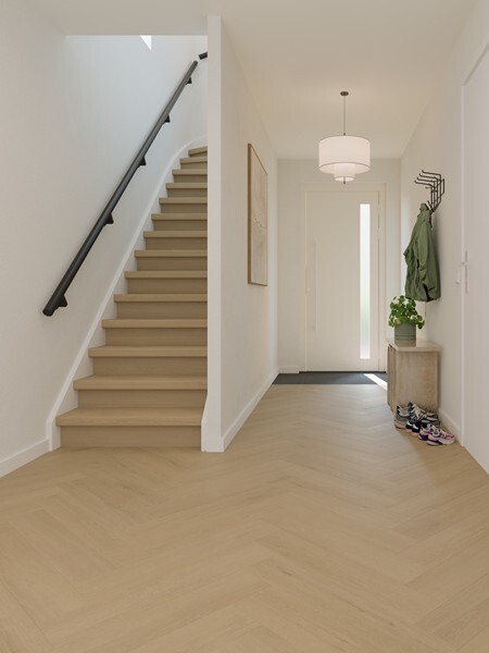 Ground Studio Pure Oak Light Smoked V.10.50.2 visgraat plak PVC gelegd in interieur met zicht op het visgraatpatroon