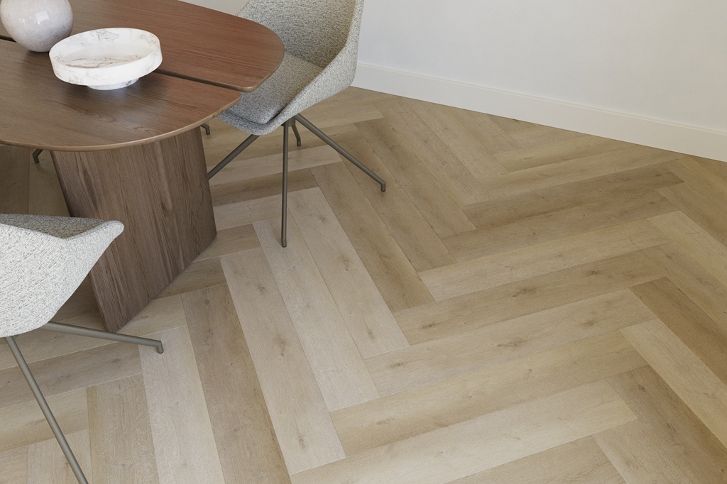 Castell Supreme 860 Herringbone XL Mokka 235 plak PVC visgraat detail van decor en oppervlakteafwerking