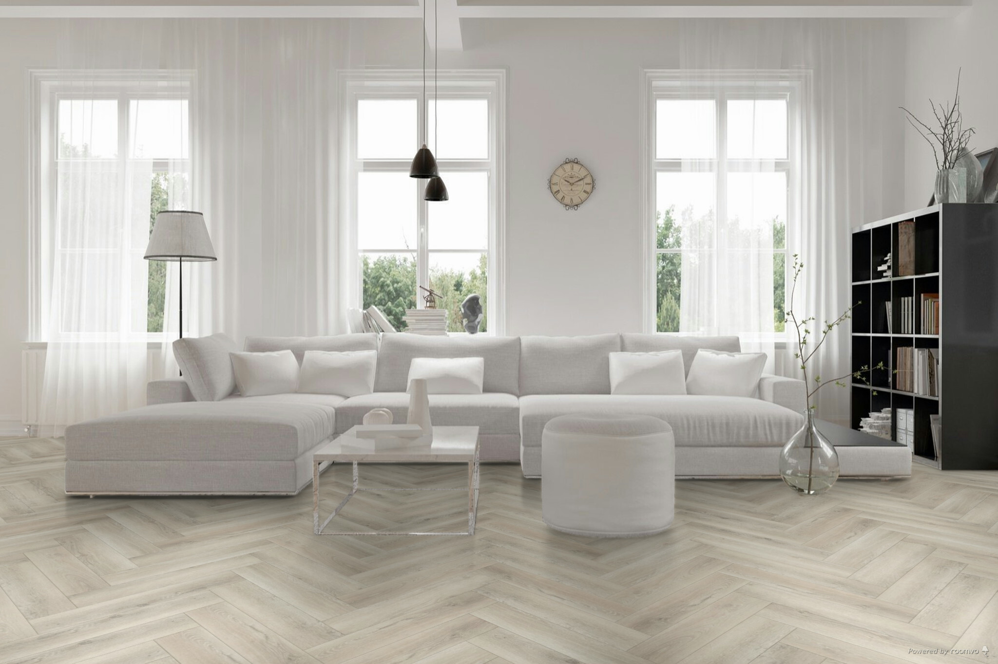 Hebeta Progress Visgraat Click 57816 Naturel Eiken Gerookt visgraat click pvc in woonkamer sfeerfoto