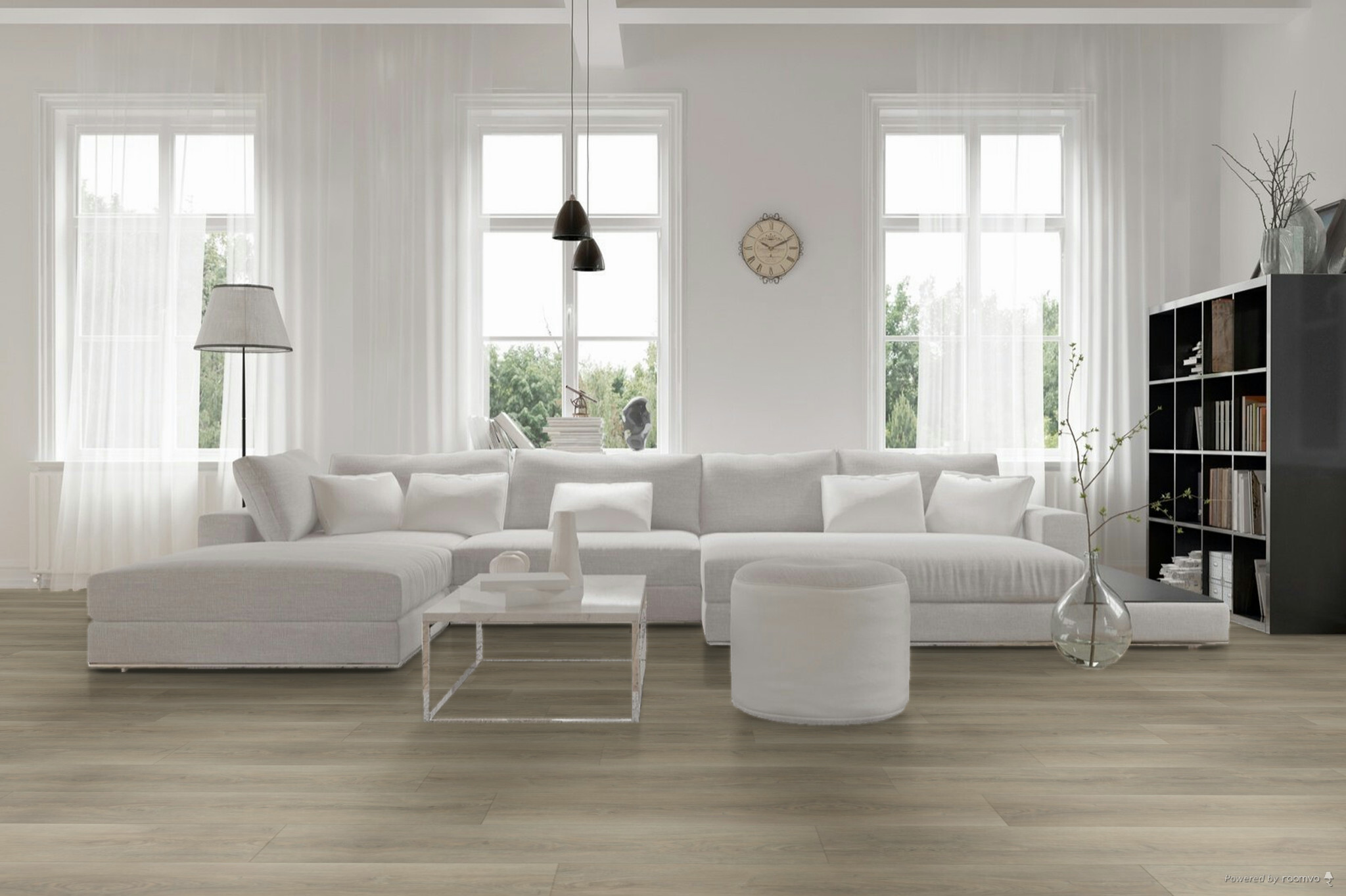 sfeerfoto Naturel Eiken Grijs PVC plank click pvc in woonkamer SKU 5545