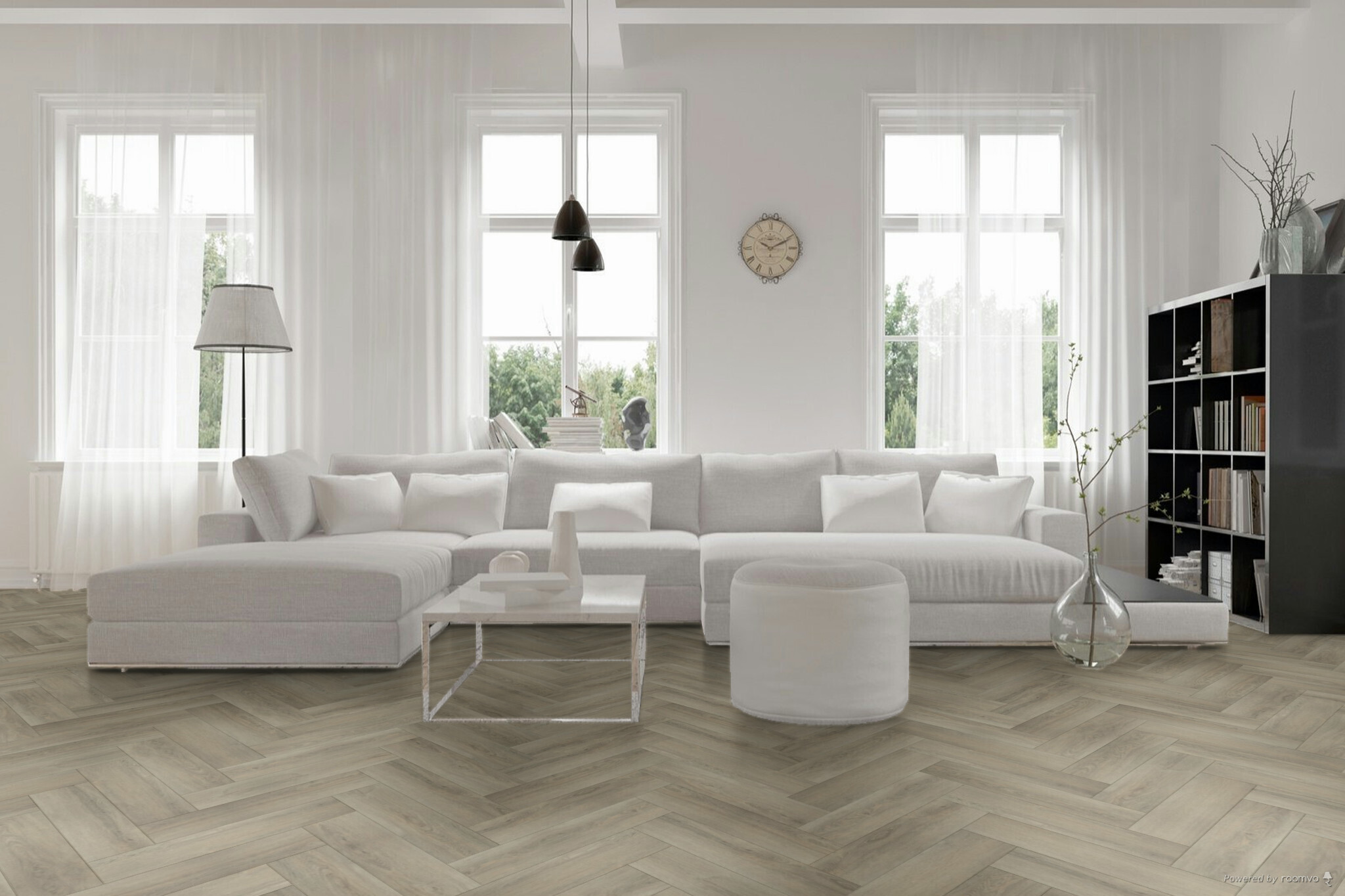 Hebeta Charente Visgraat Click 57745 Naturel Eiken Grijs visgraat click pvc in woonkamer sfeerfoto