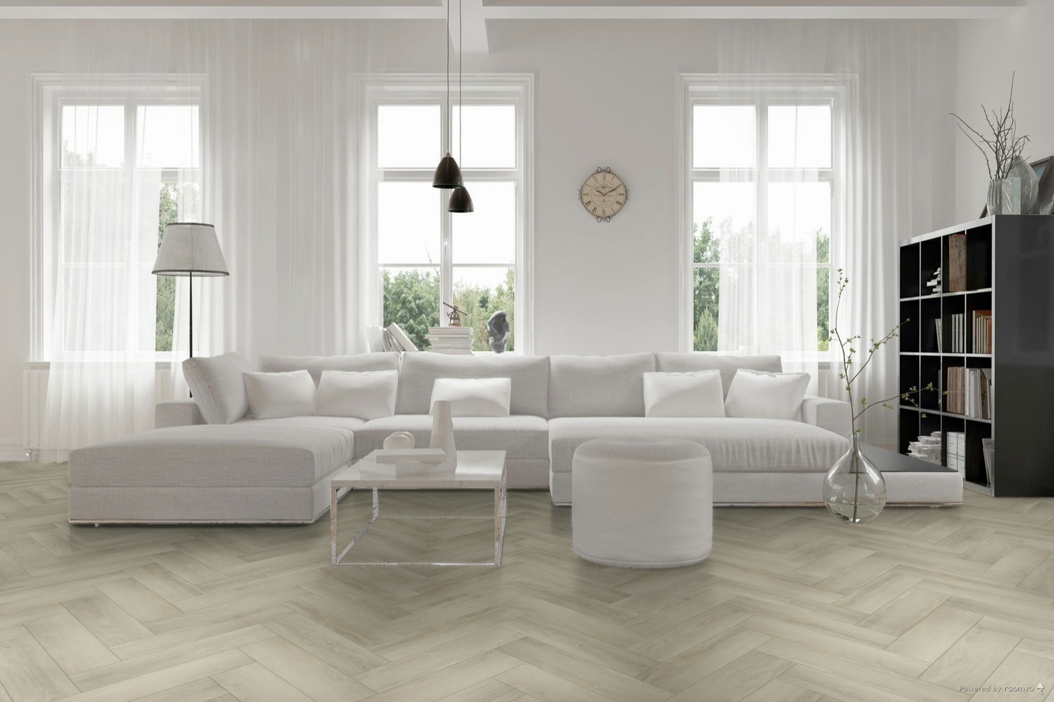 Hebeta Charente Visgraat 7746 Naturel Licht Eiken visgraat plak pvc in woonkamer sfeerfoto