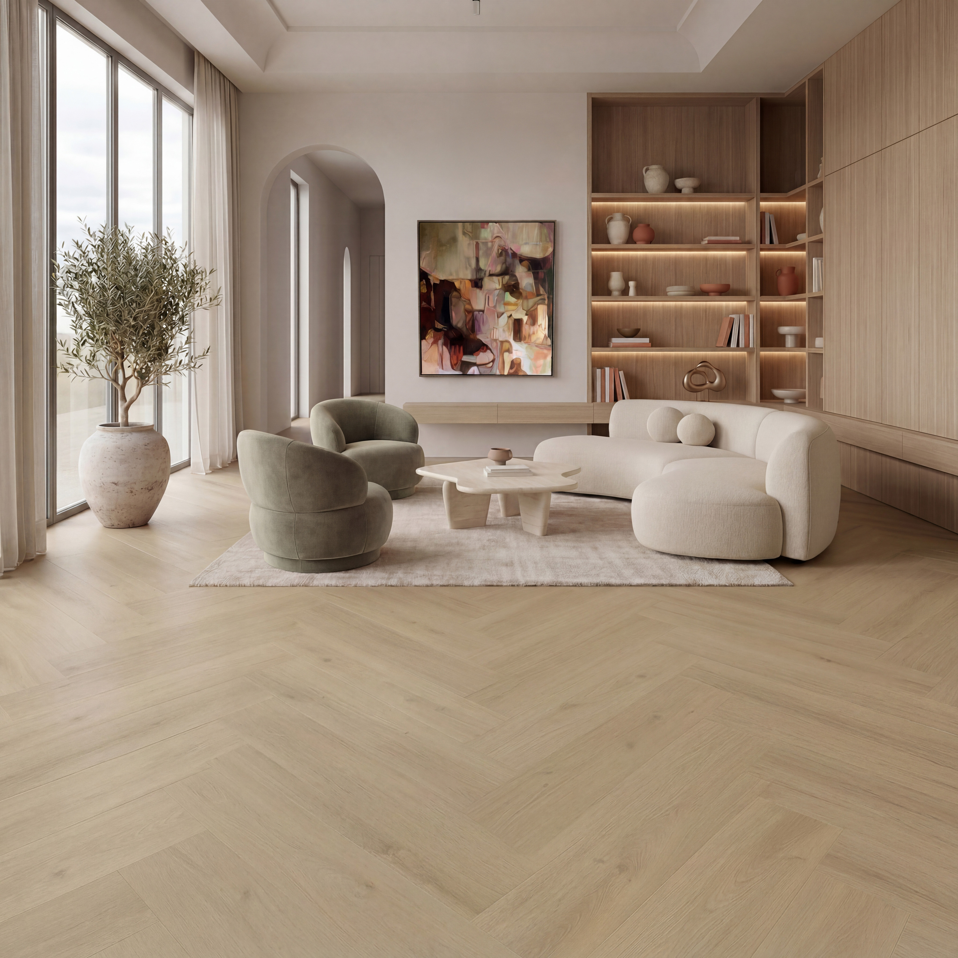 Gelasta Purio Walvisgraat Naturel 1141 plak PVC in woonkamer sfeerfoto