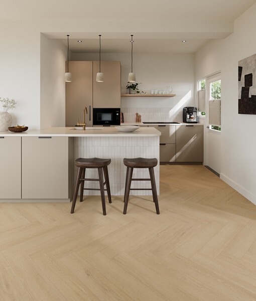 Ground Studio Pure Oak Naturel V.10.30.2 visgraat plak PVC close-up van houtnerf en visgraatpatroon