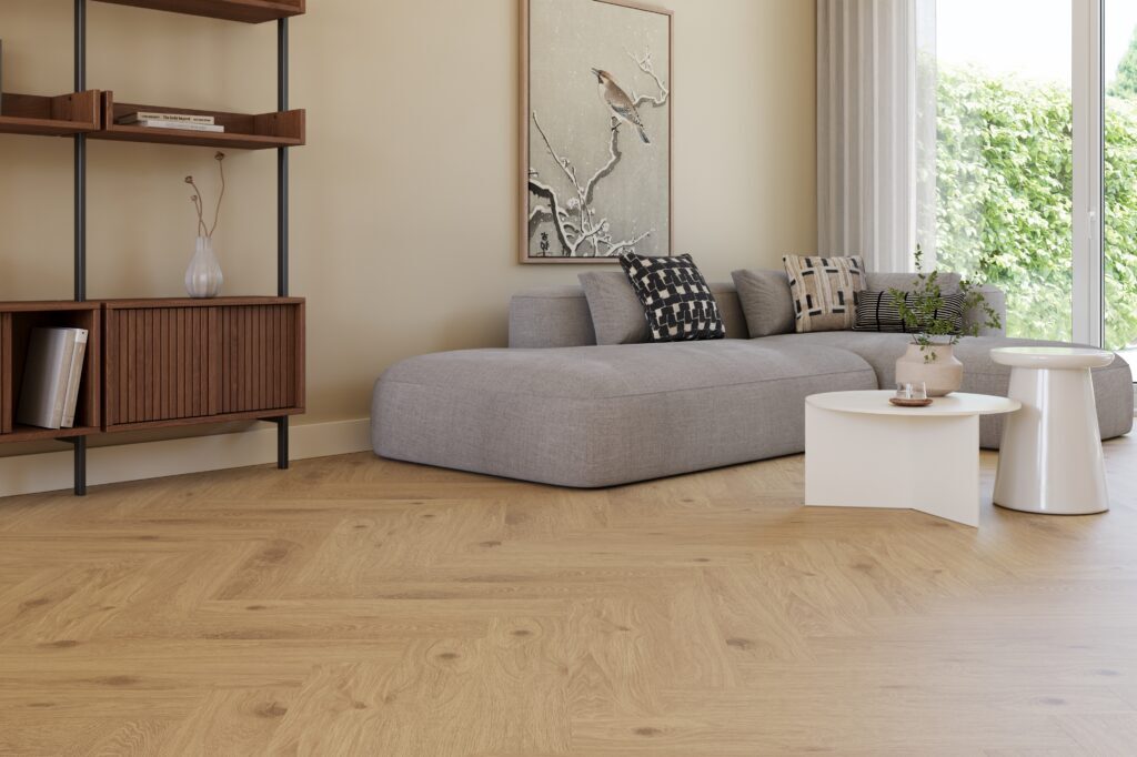 Castell Ultimate 890 294 Oak Amber visgraat visgraat plak pvc in woonkamer sfeerfoto