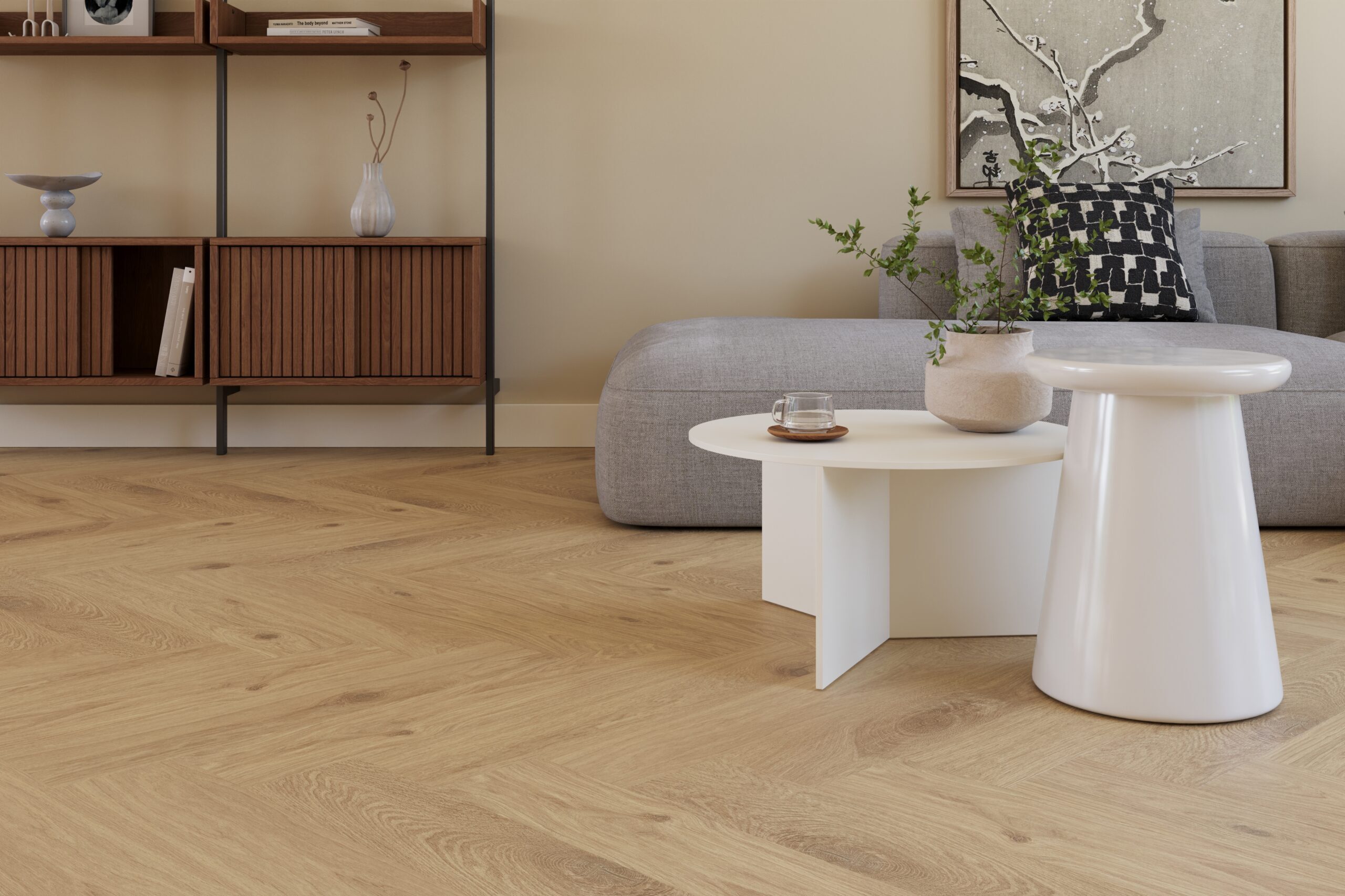 Castell Ultimate 890 Oak Amber 294 plak PVC visgraat gelegd in een rustige woonruimte