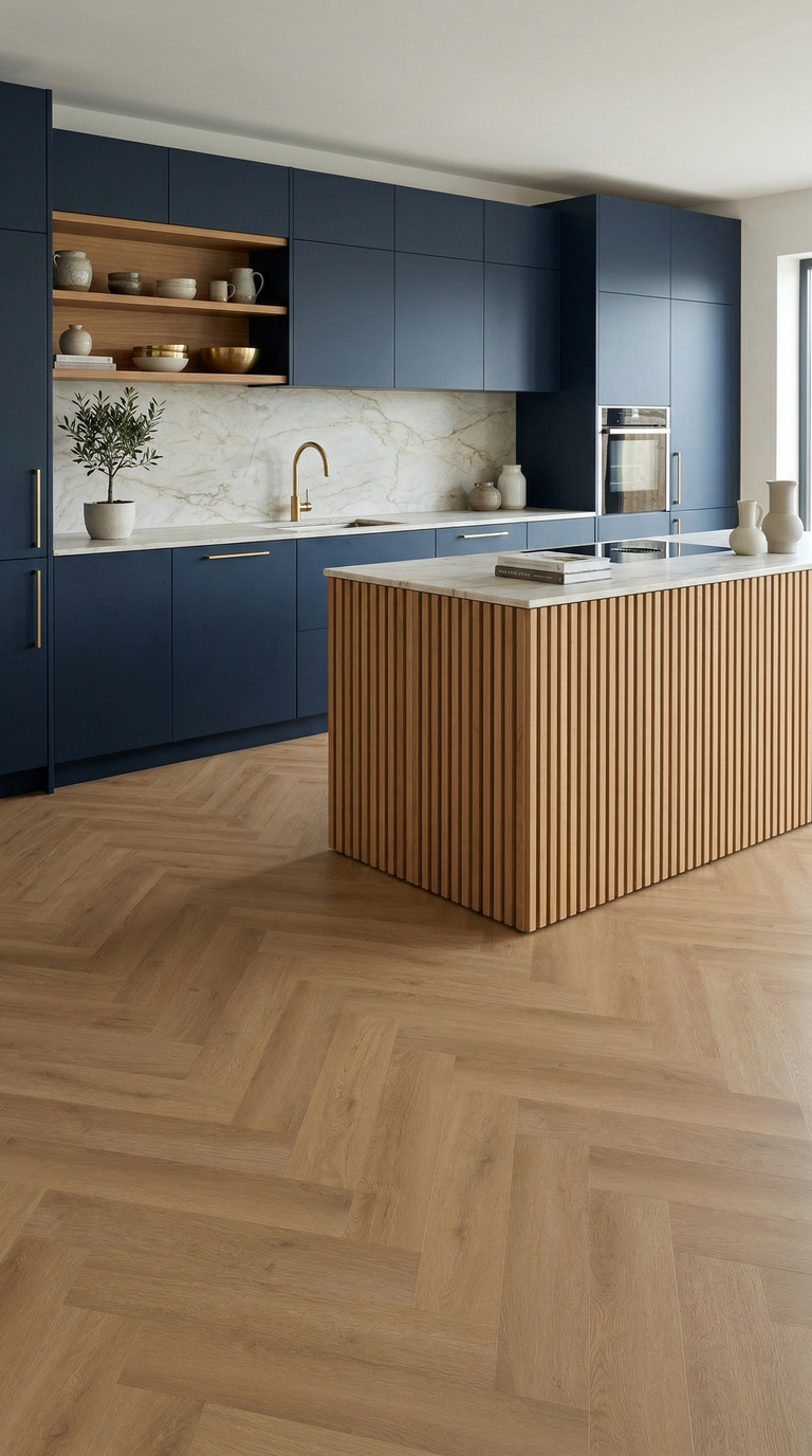Gelasta Intense Walvisgraat Oak Brown 1402 walvisgraat plak PVC in woonkamer sfeerfoto
