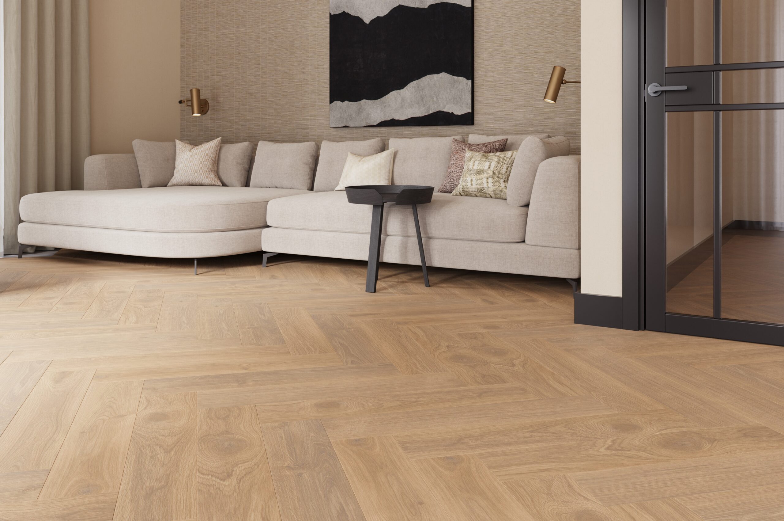 Castell Ultimate 890 292 Oak Cashew visgraat visgraat plak pvc in woonkamer sfeerfoto