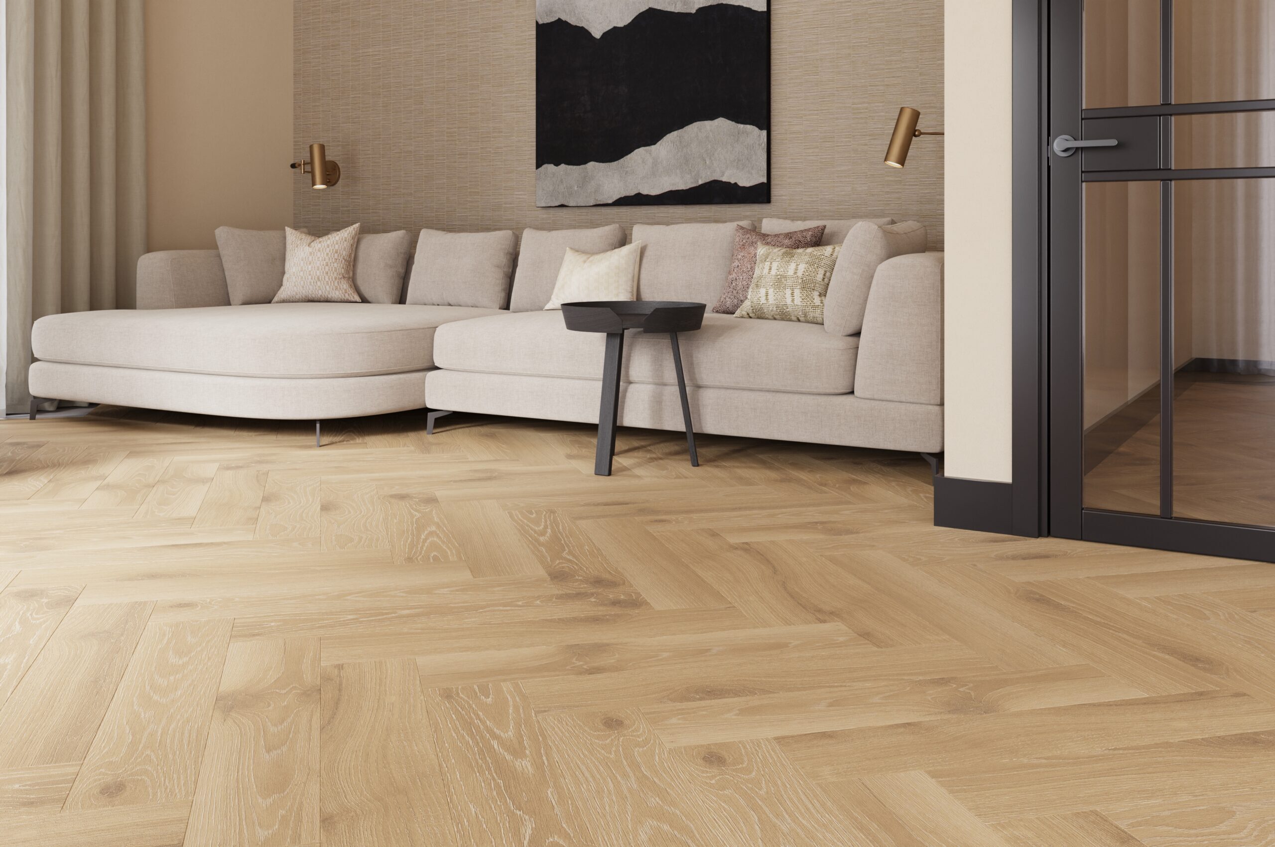 Castell Ultimate 890 293 Oak Cognac visgraat visgraat plak pvc in woonkamer sfeerfoto