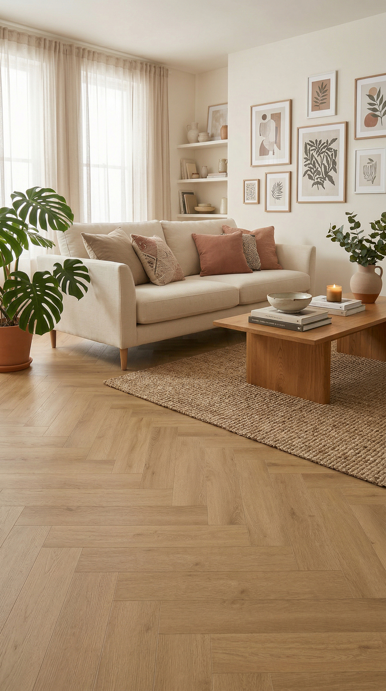 Gelasta Intense Walvisgraat Oak Light 1400 walvisgraat plak PVC in woonkamer sfeerfoto