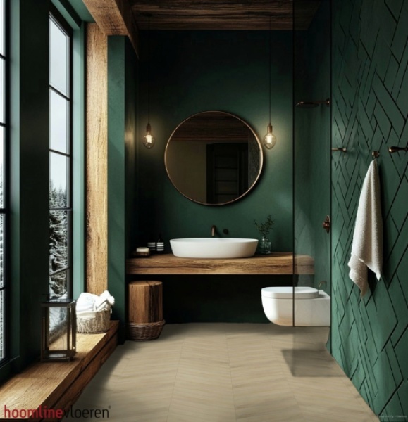 Hoomline The Hamptons Chevron 926 Oceanside Hongaarse punt plak pvc in woonkamer sfeerfoto