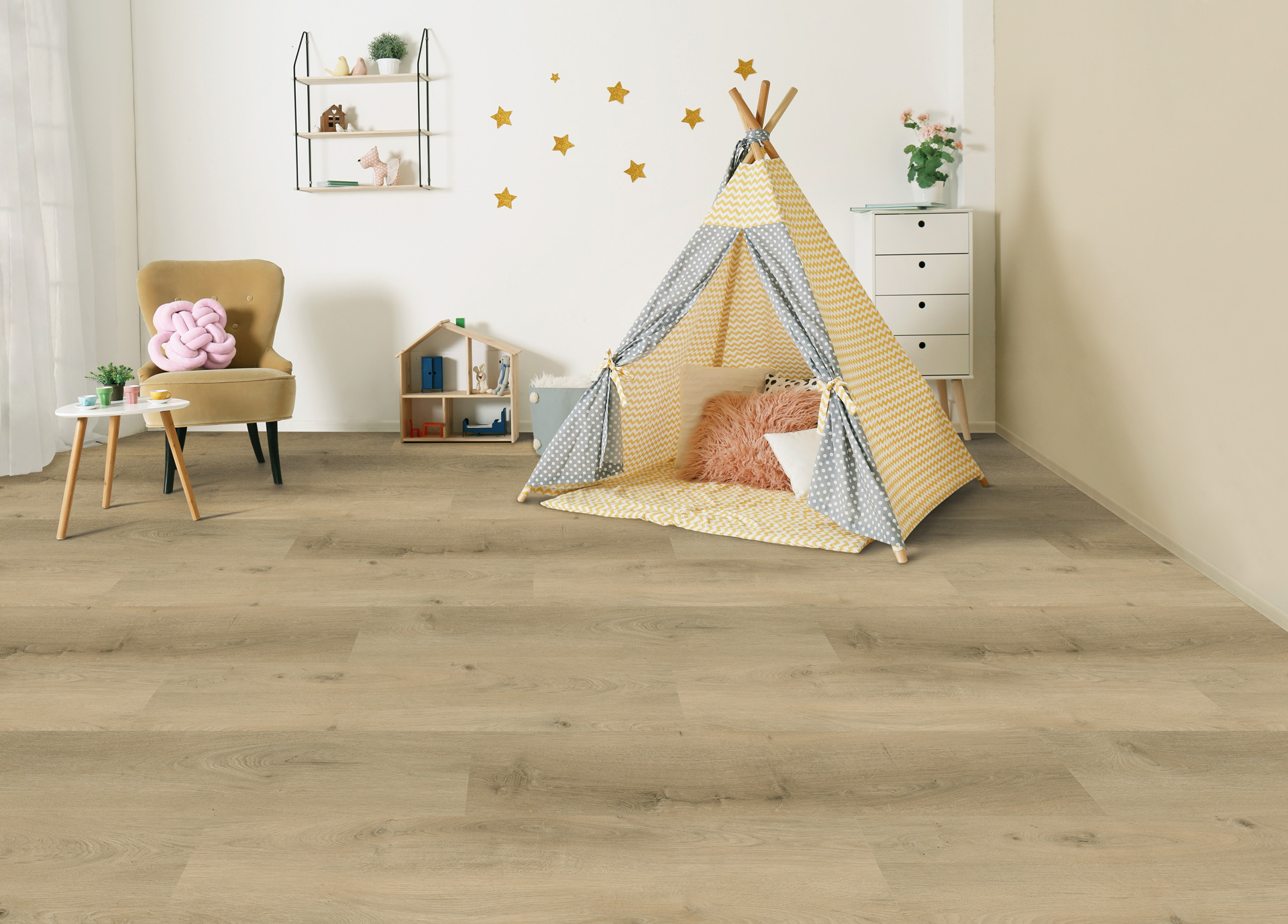 Gelasta Country 4305 Prestige Oak Smoked Light PVC plank plak pvc in woonkamer sfeerfoto