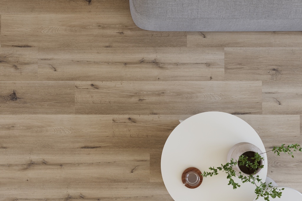 Castell Supreme 302 SPC Salsa Almond 1 click PVC plank close-up van de voelbare decorstructuur