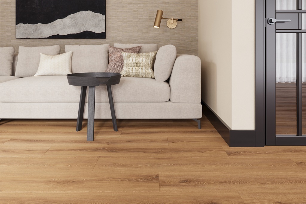 Castell Supreme 302 SPC 2 Salsa Sand PVC plank click pvc in woonkamer sfeerfoto