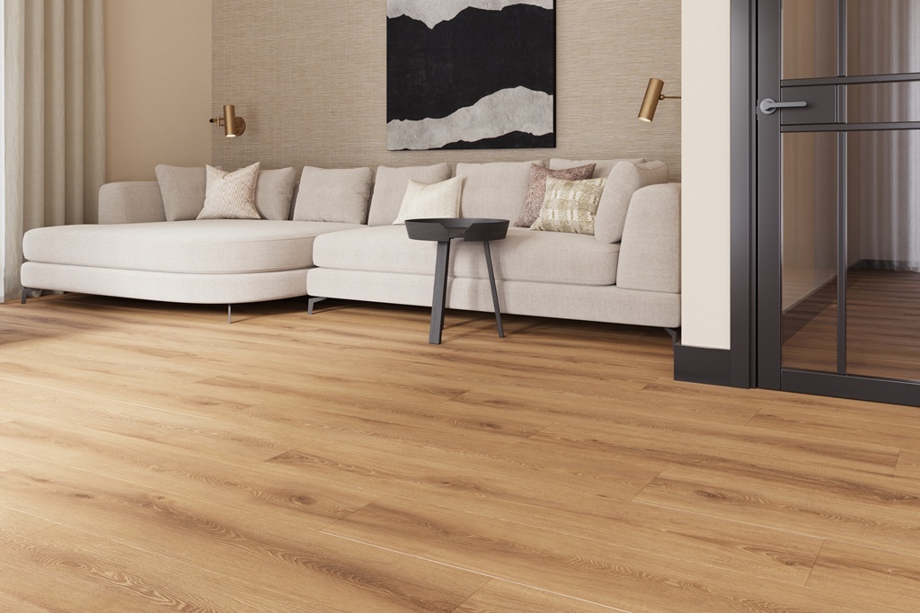 Castell Supreme 302 SPC Salsa Sand 2 click PVC plank close-up van houttekening en subtiele structuur