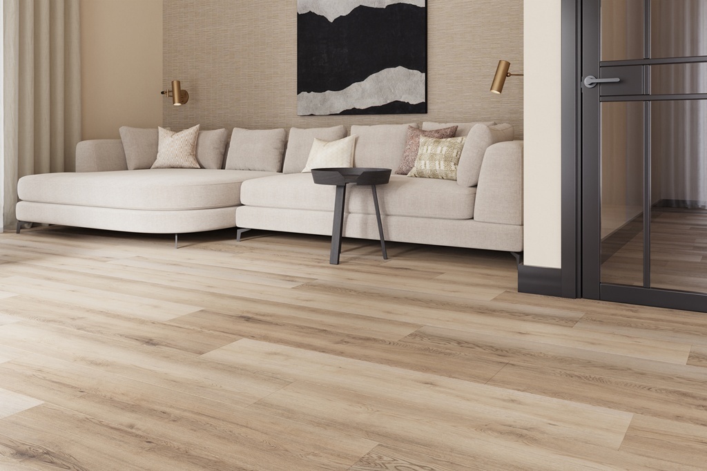 Castell Supreme 302 SPC 3 Salsa Taupe PVC plank click pvc in woonkamer sfeerfoto