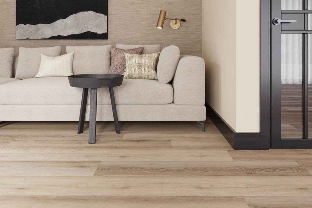 Castell Supreme 302 SPC Salsa Taupe 3 click PVC plank detail van houtstructuur en matte afwerking