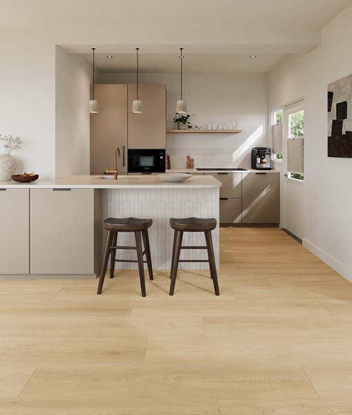 Ground Studio Select Oak Sand P.10.20.1 plak PVC plank gelegd in interieur met zicht op de plankverdeling