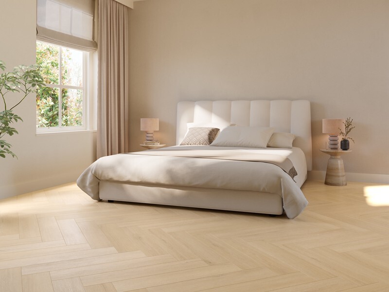 Ground Studio Pure Oak Sand V.10.20.2 visgraat plak PVC in interieur sfeerfoto