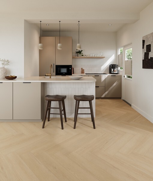 Ground Studio Pure Oak Sand V.10.20.2 visgraat plak PVC detail van kleurnuance en plankverbinding