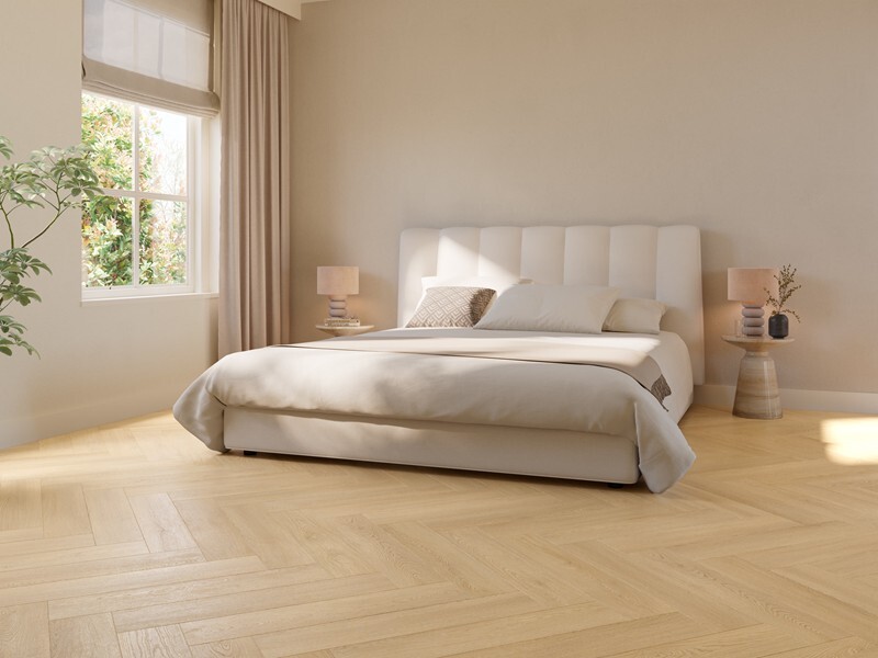 Ground Studio Select Oak Sand VC.20.20.1 visgraat click PVC gelegd in interieur met zicht op het visgraatpatroon