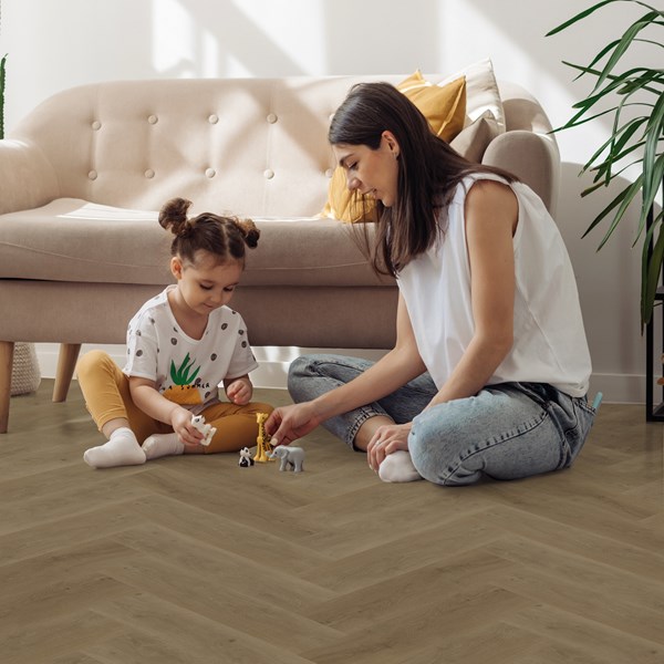 Bodiax Tuna BP320 visgraat 333-V Selenite visgraat plak pvc in woonkamer sfeerfoto