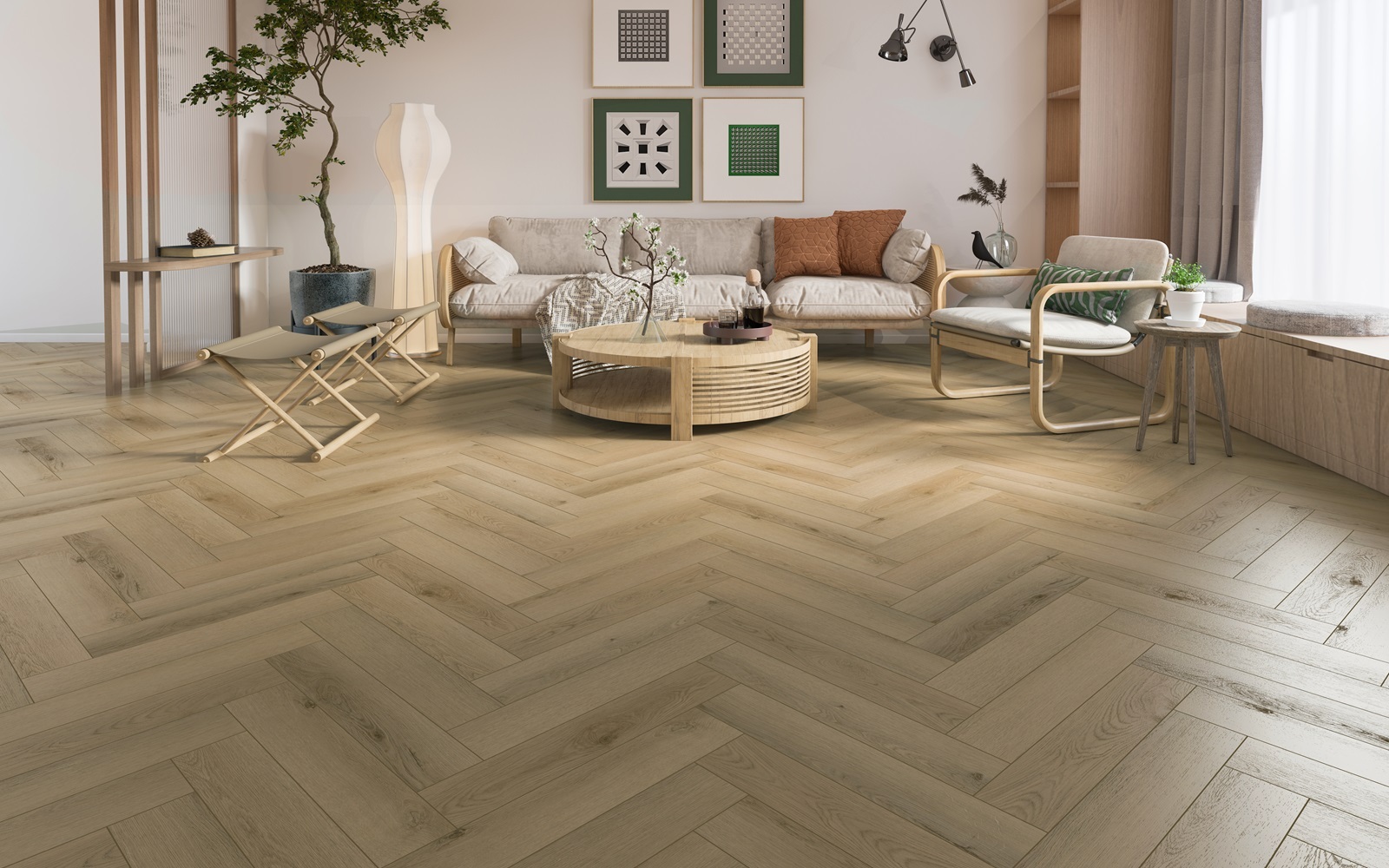 Gelasta Firmfit Visgraat 6601 Sierra Beige visgraat plak pvc in woonkamer sfeerfoto