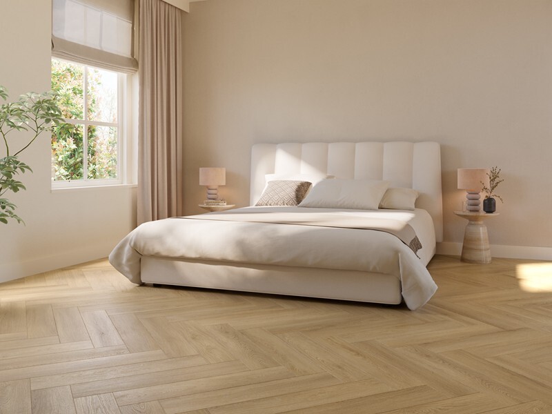 Ground Studio Select Oak Smokey V.10.50.1 visgraat plak PVC gelegd in interieur met zicht op het visgraatpatroon