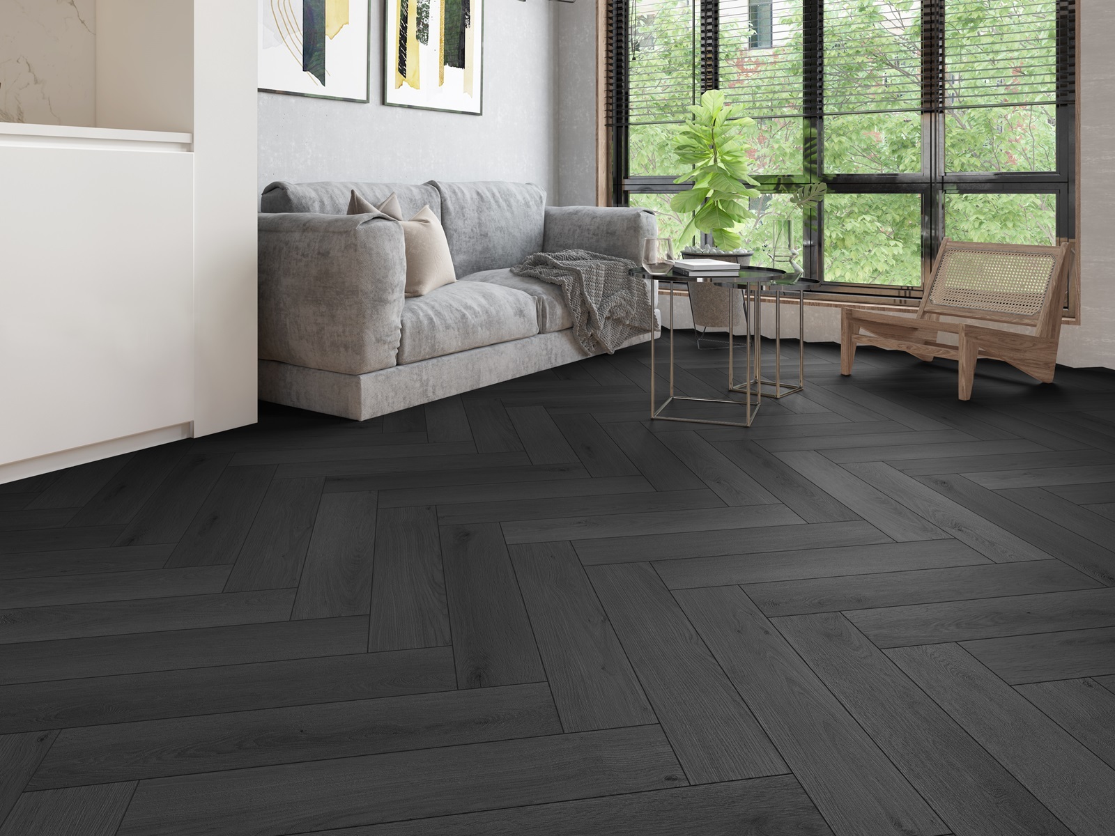 Gelasta Firmfit Visgraat 6801 Summerfield Charcoal visgraat plak pvc in woonkamer sfeerfoto