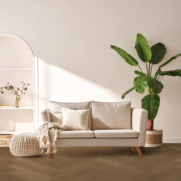 Bodiax Aringa Toffee Oak visgraat plak PVC als vloer in een interieur