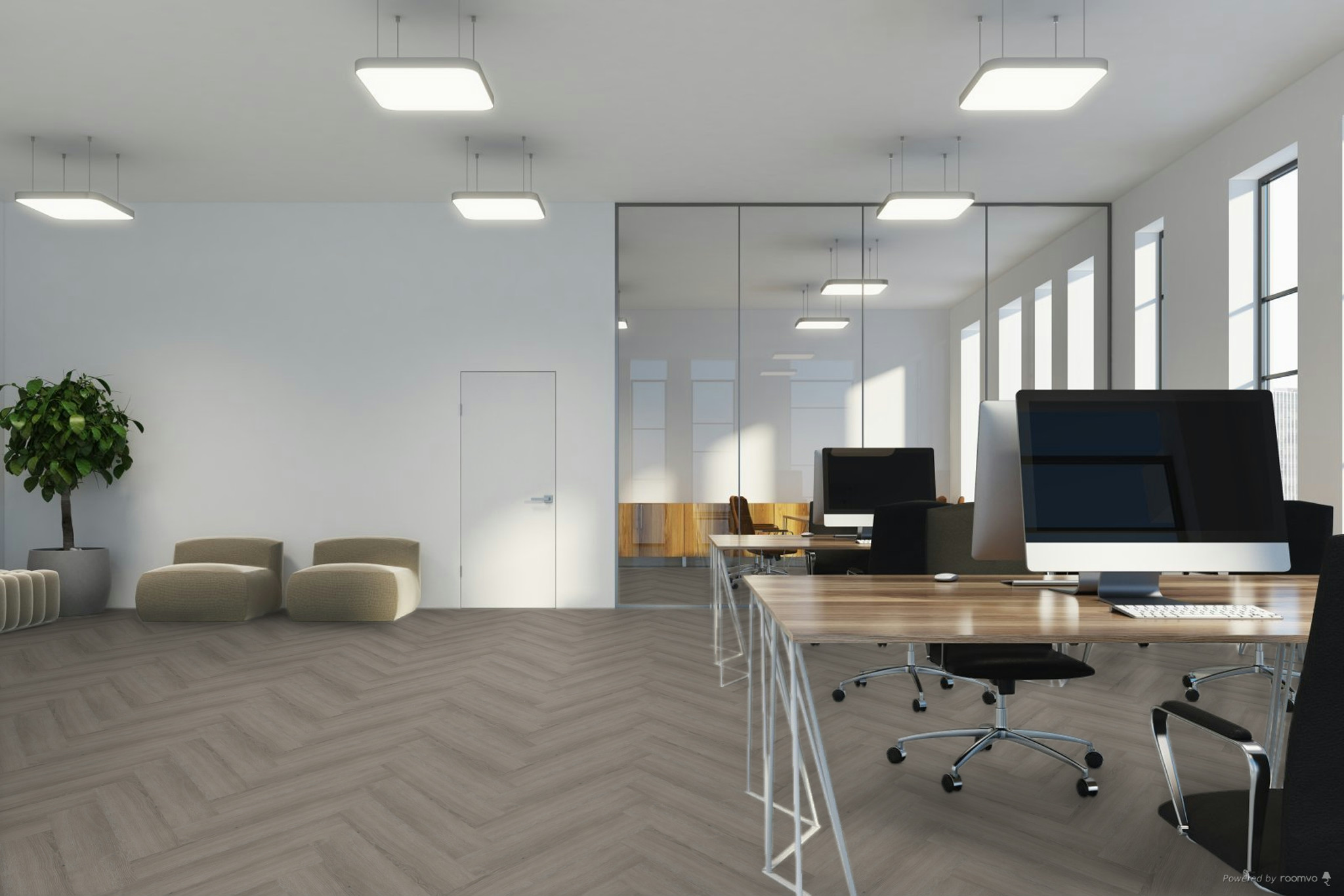 Therdex Herringbone Rustique 7575 variant visgraat plak pvc in woonkamer sfeerfoto